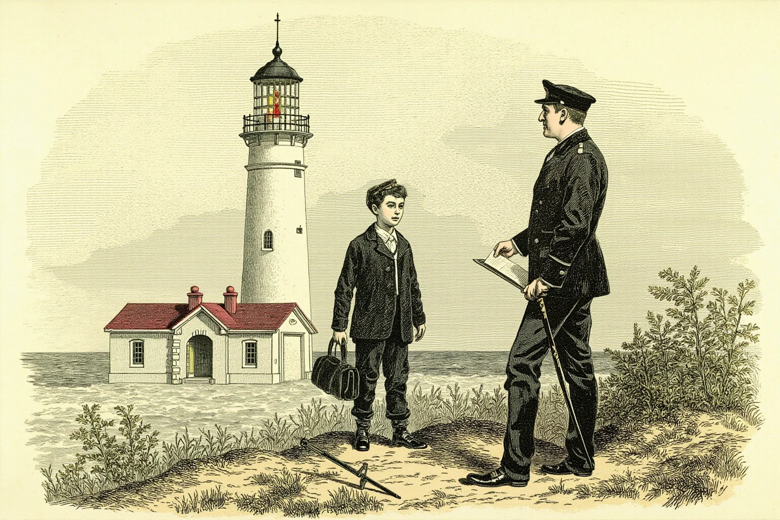 Strange History: Why Lighthouse Keepers Went Mad (Or Did They?) 22 A stern lighthouse inspector reviewing a young keeper candidate outside a lighthouse, historical vintage illustration