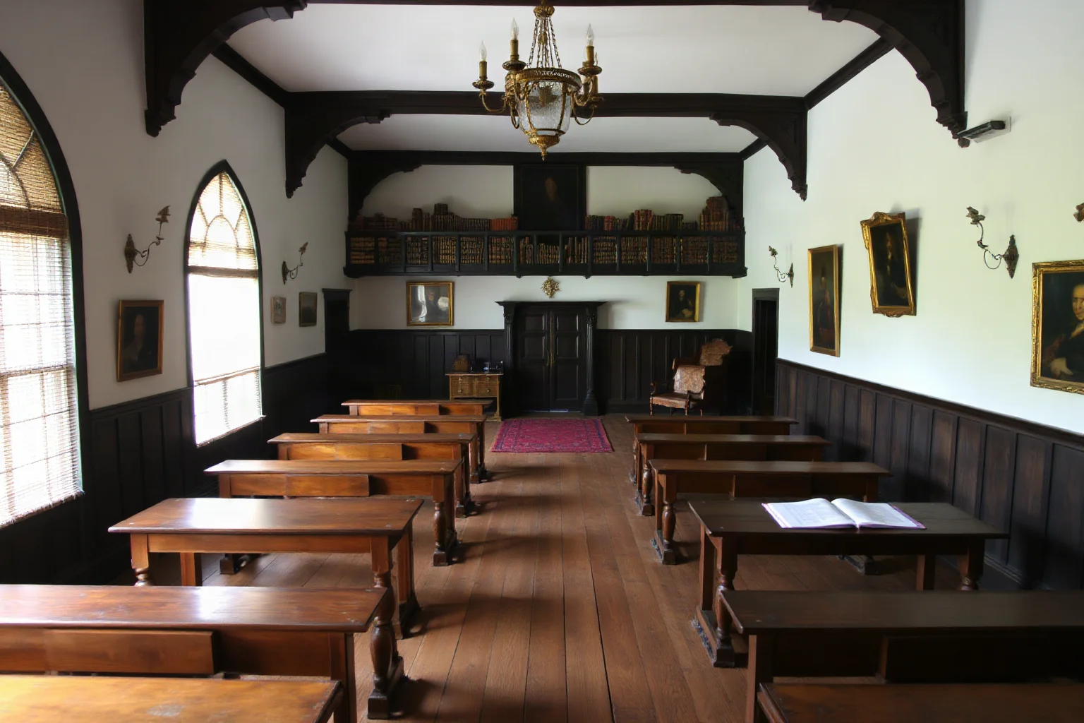 A stern-looking Elizabethan town hall meeting room with wooden benches and old ledgers