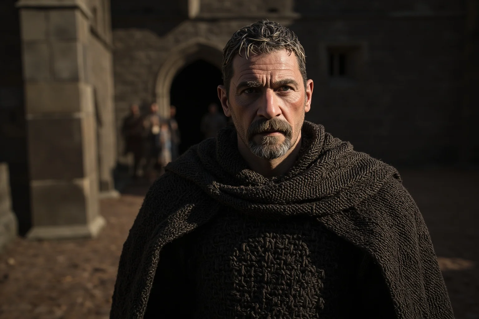 The Real Braveheart: The Story of How Robert the Bruce Freed Scotland 3 A stern medieval Scottish nobleman in chainmail and a cloak standing before a stone hall, representing Robert the Bruce