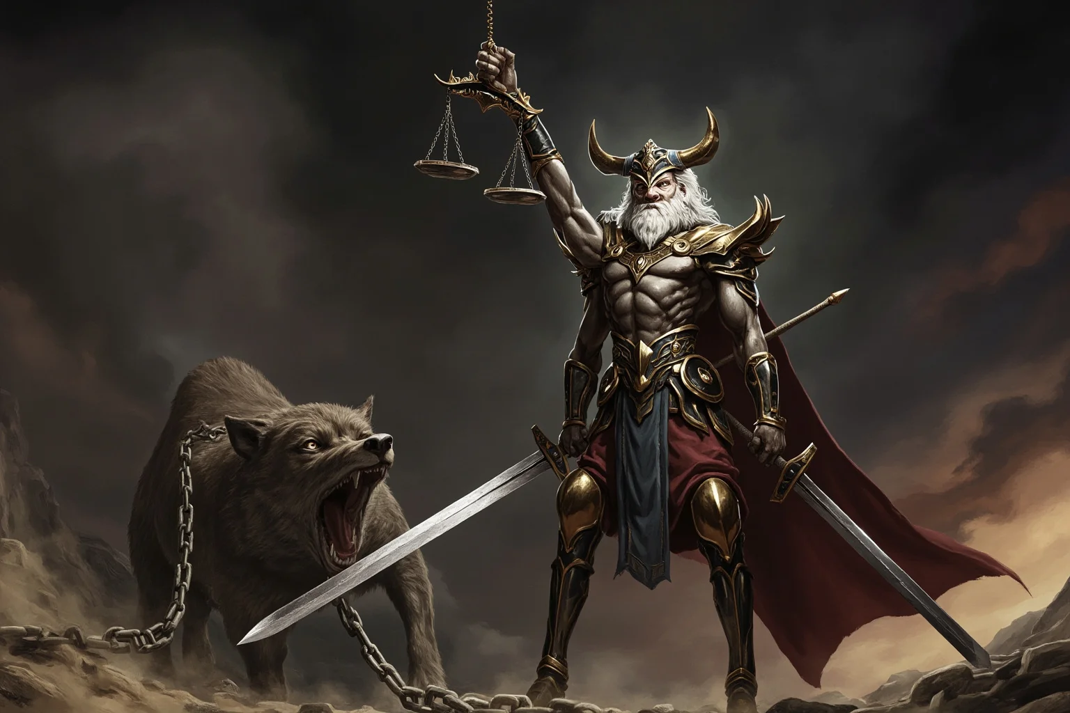 From Thor to Loki: 20 Gods, Goddesses, and Heroes of Norse Mythology 8 A stern one-handed warrior god holding a scale and sword, standing before a great wolf bound in chains, dramatic fantasy illustration