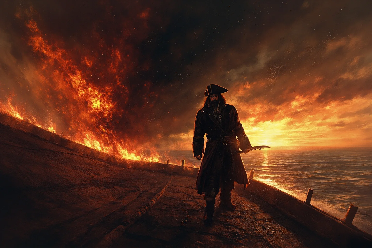 A stern pirate captain standing alone on a burning ship's deck at sea, dramatic painterly illustration