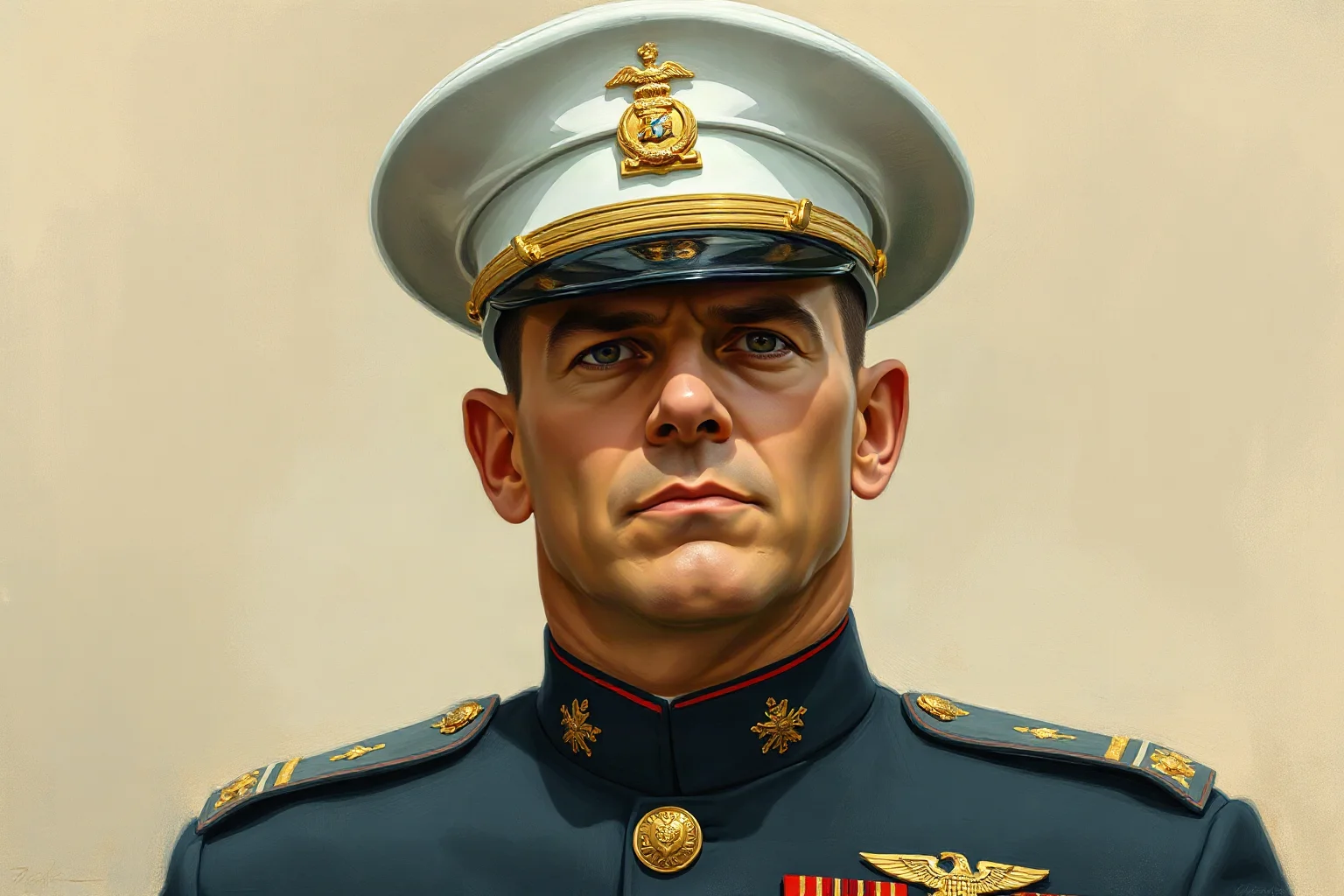 A stern senior Marine Corps officer in dress uniform covered in medals, illustrative portrait painting style, vintage military aesthetic