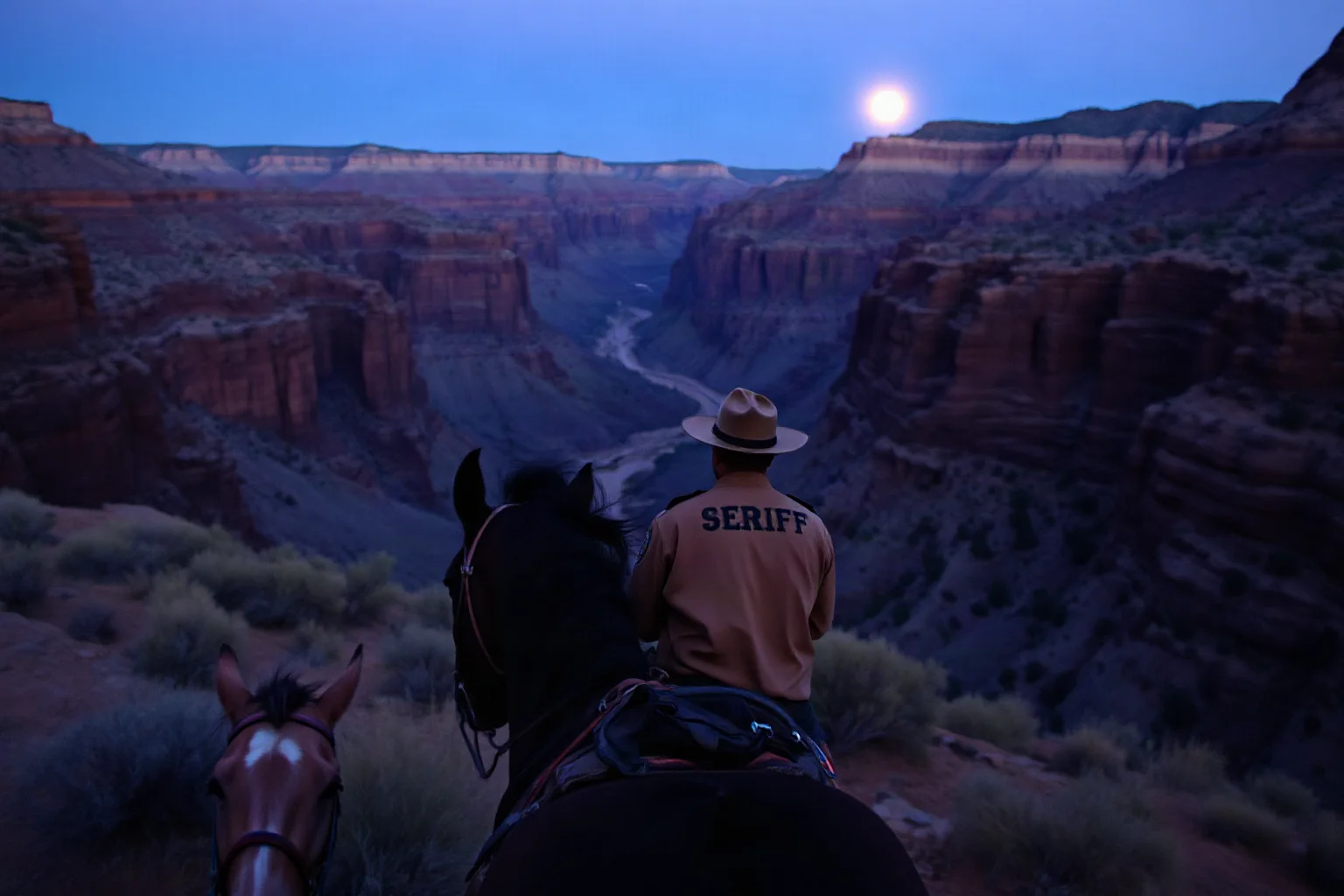 A stern sheriff on horseback riding through a moonlit New Mexico canyon