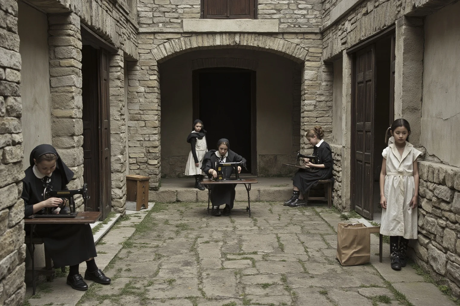 A stern stone orphanage courtyard in the French countryside with young girls learning to sew, evoking early 20th-century convent life