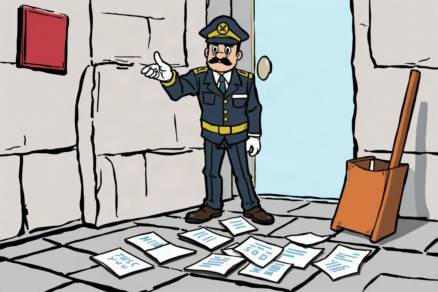 A stern uniformed janitor figure pointing toward scattered papers on a stone floor, illustration