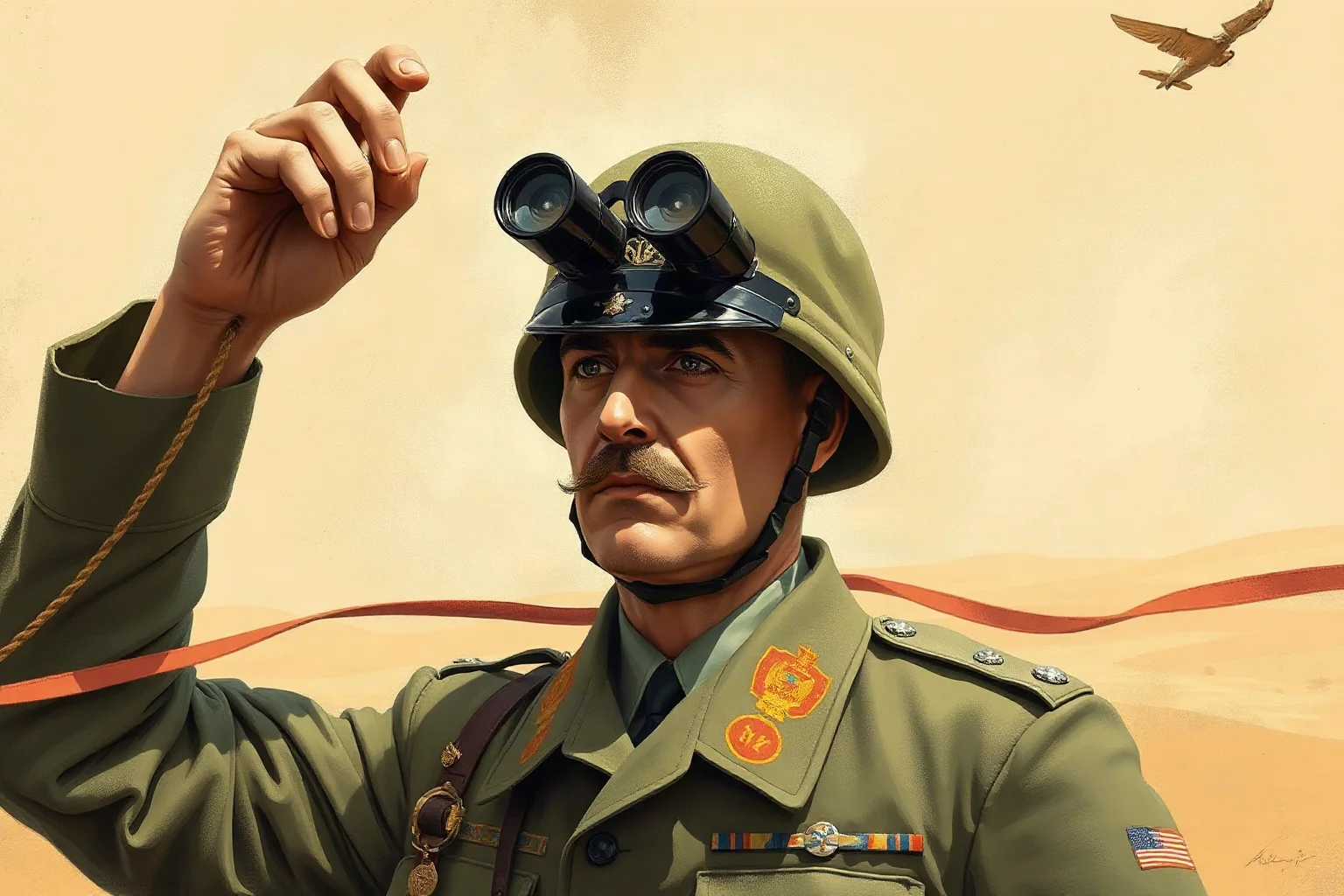 A stern WWII British army general in the desert, binoculars raised, illustrative art, no real likeness