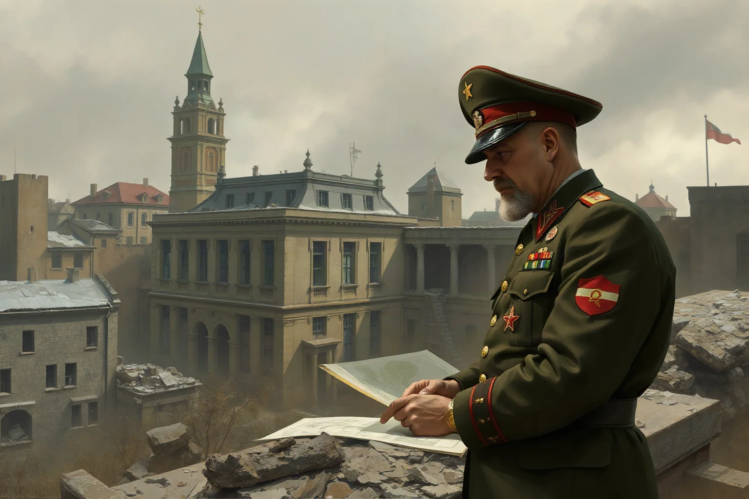 A stern WWII Soviet marshal studying a battle map in a ruined city, illustrative art, generic likeness