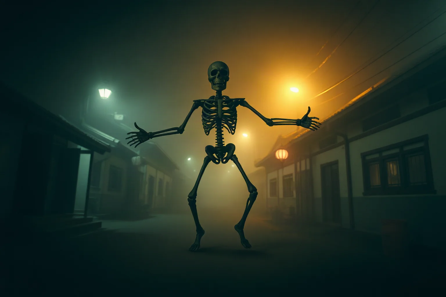 A stiff-limbed reanimated corpse figure with arms outstretched hopping through a foggy Chinese village at night