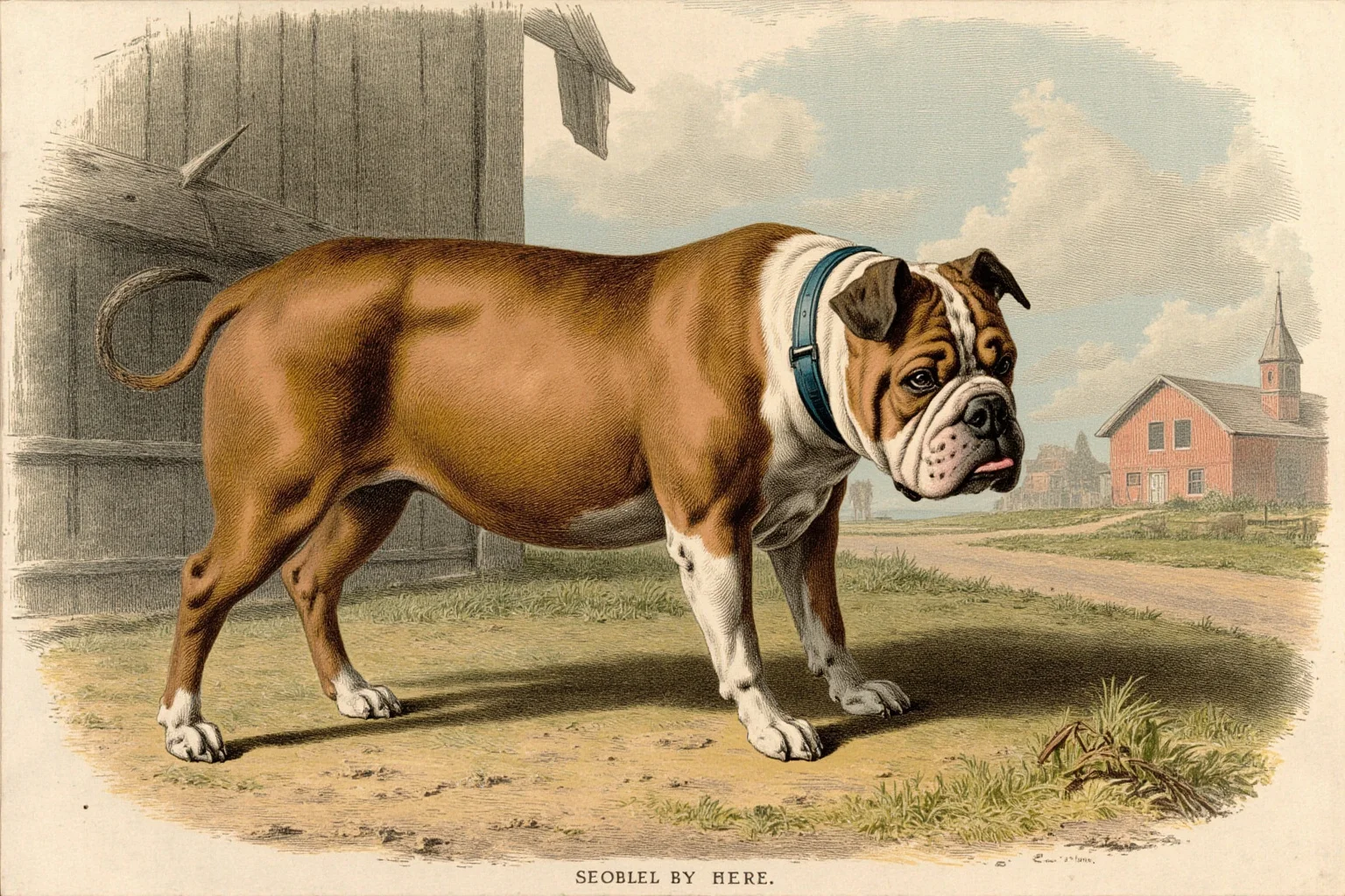 Pooches of the Past: 23 Extinct Dog Breeds and Their Stories 12 A stocky, athletic bulldog with an underbite facing off in an old English farmyard, 1800s illustration style