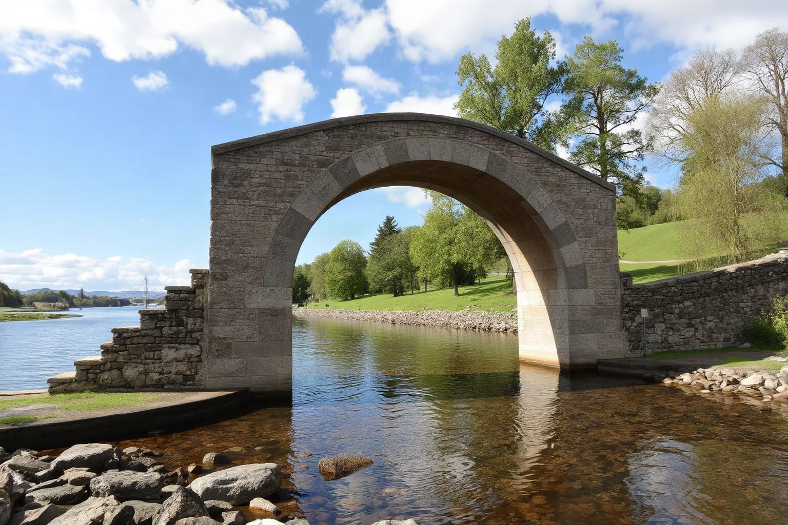 A stone bridge arching between two riverbanks, symbolizing the old word 'Betwixt' meaning between