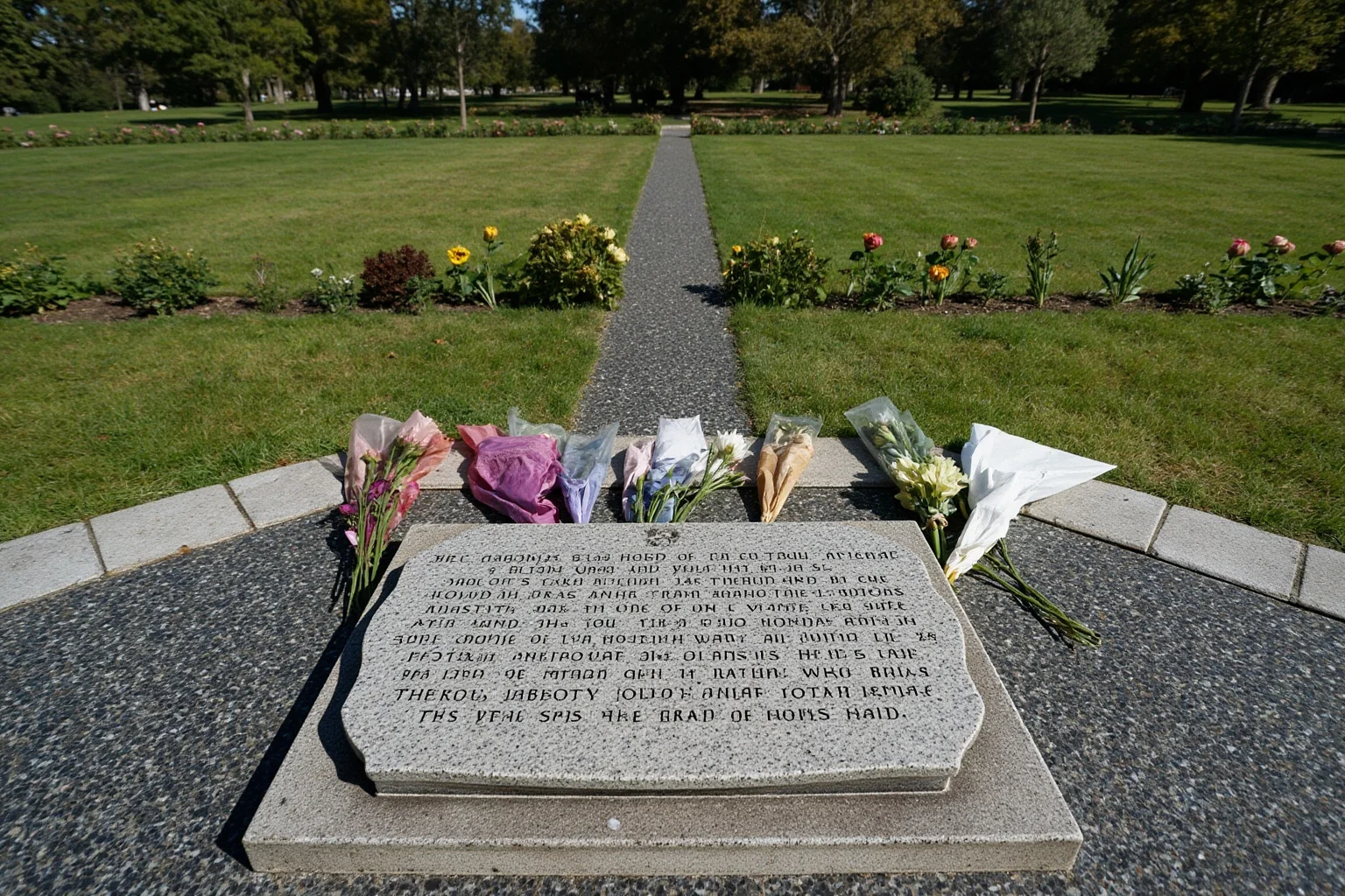A stone memorial plaque and flowers laid in a peaceful park garden setting