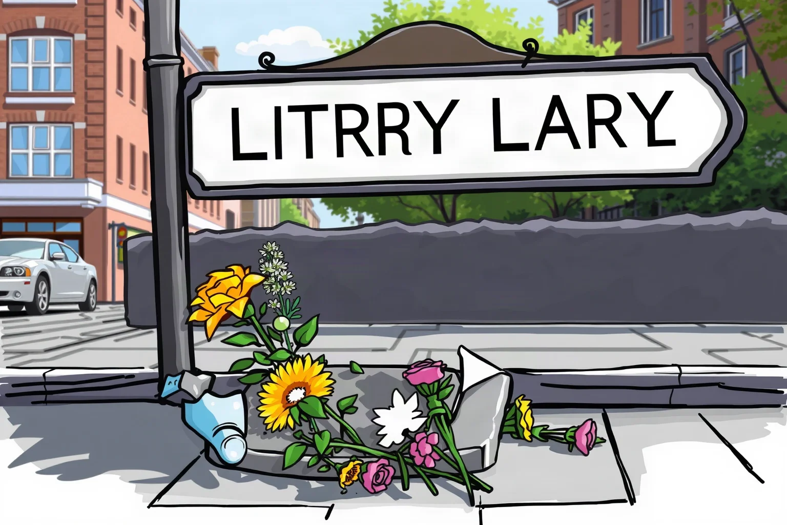 A stone memorial plaque and fresh flowers laid at the base of a city street sign, illustration