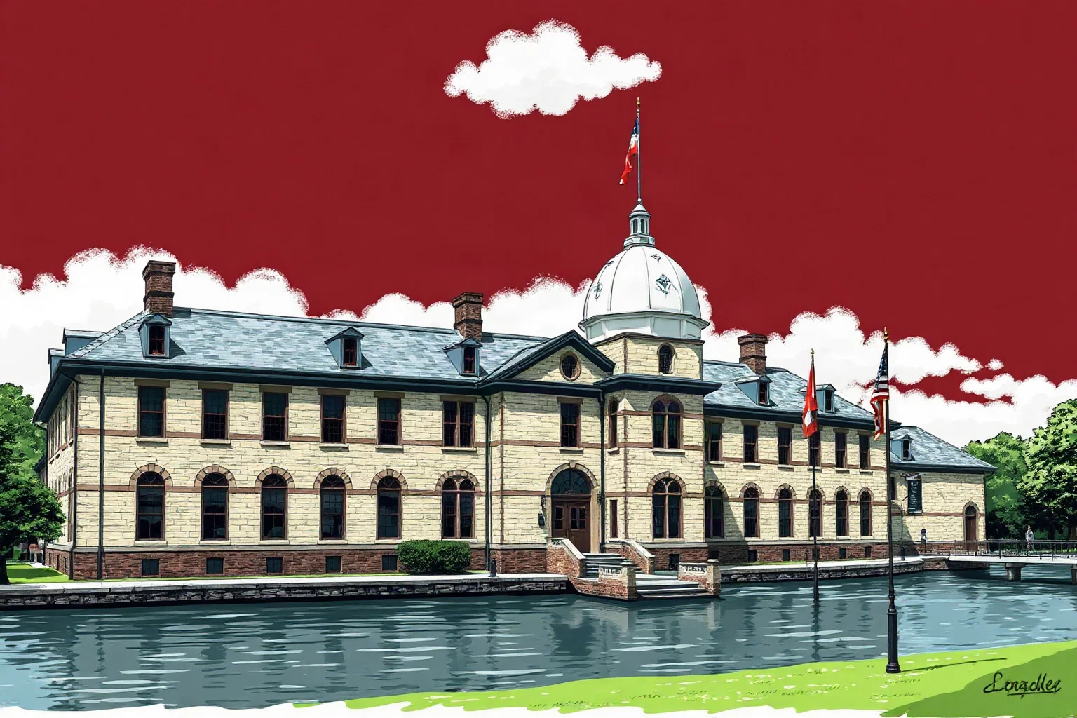 A stone military academy building beside a river with cadet-style flags, historical illustration style