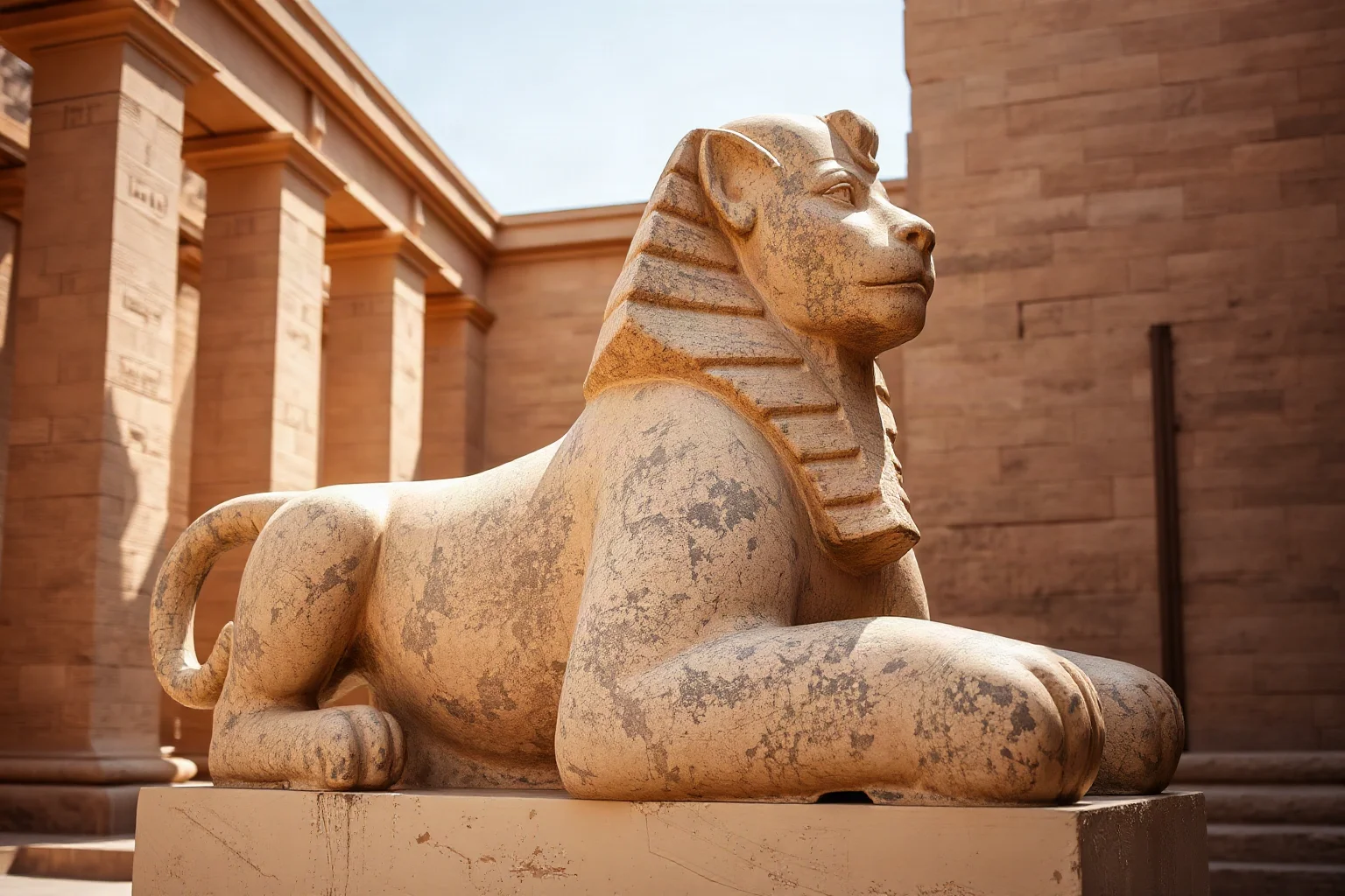 A stone sphinx statue with a lion's body and human head at a desert temple