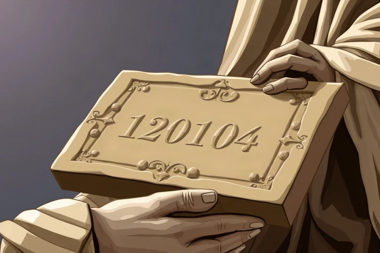 A stone tablet with Roman numerals carved into it, held in a statue's carved hand, illustration style