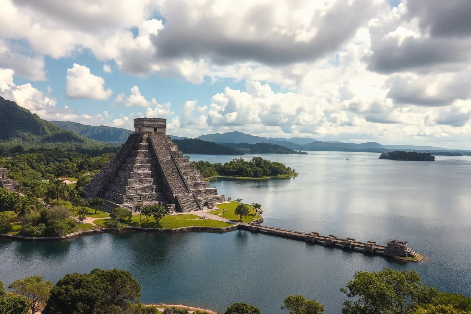 A stone temple pyramid rising above a lake-city with causeways, evoking ancient Mesoamerica