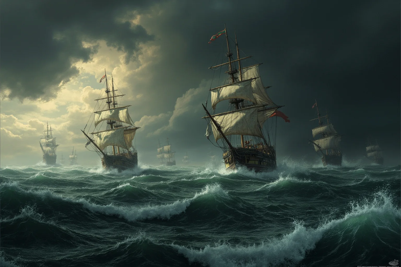 A stormy 16th-century sea with tall galleon ships being tossed by waves under a dark sky