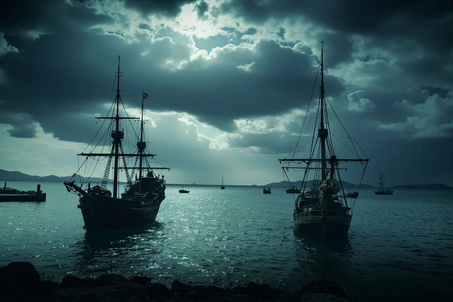 A stormy Caribbean harbor scene with wooden sailing ships anchored under threatening dark clouds