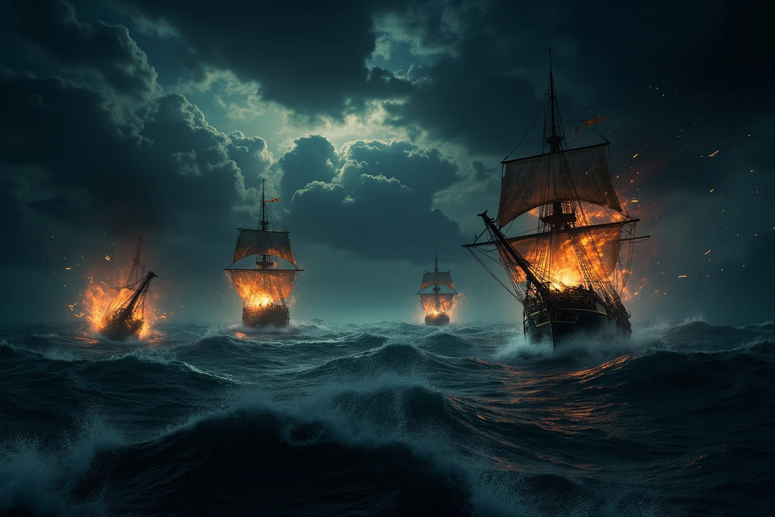 A stormy sea battle at night with cannon fire lighting up wooden sailing ships
