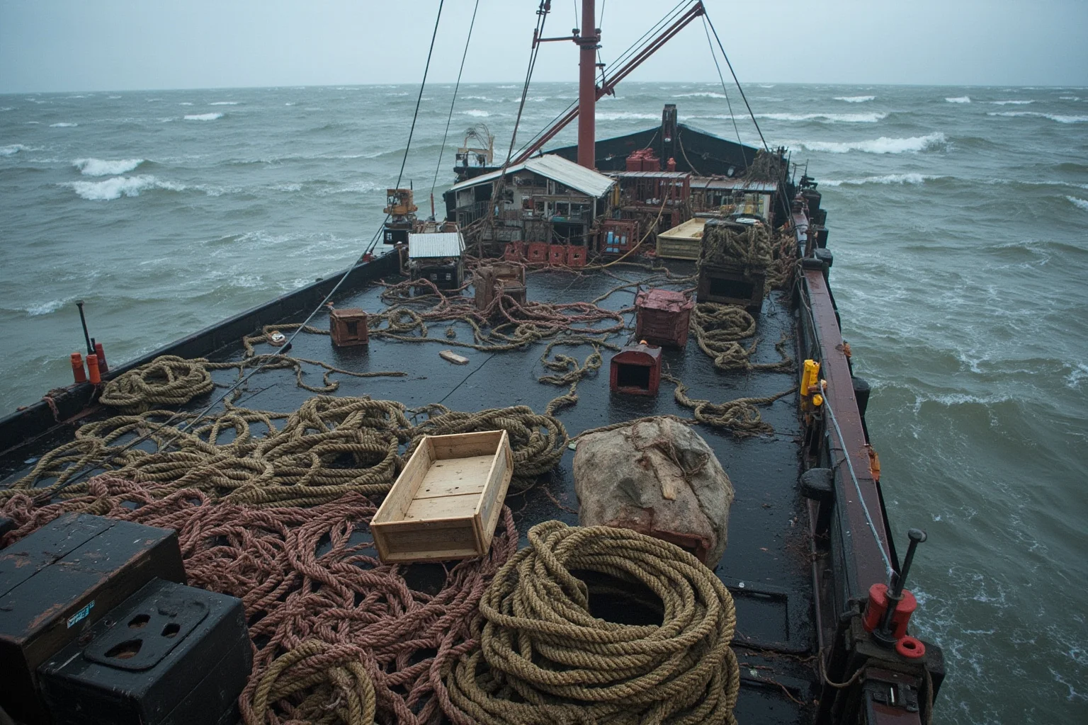 A stormy sea landing dock with scattered rope and overturned equipment crates
