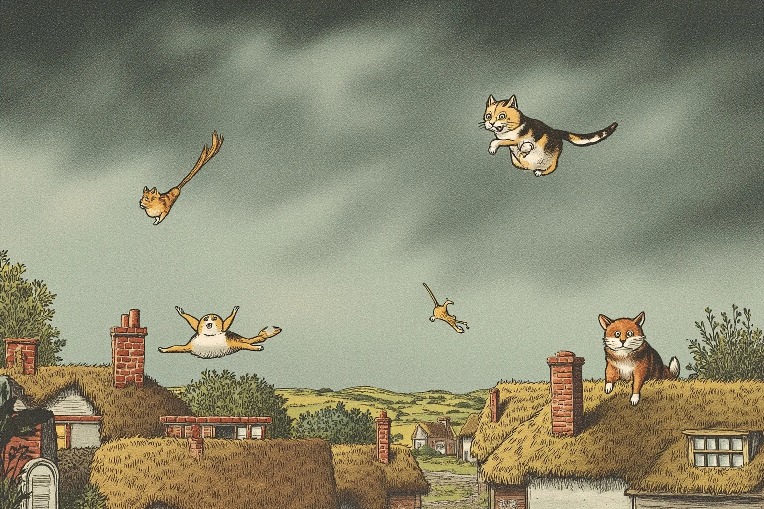 A stormy sky over a village with small animals humorously falling near thatched rooftops, whimsical vintage illustration for 'raining cats and dogs'