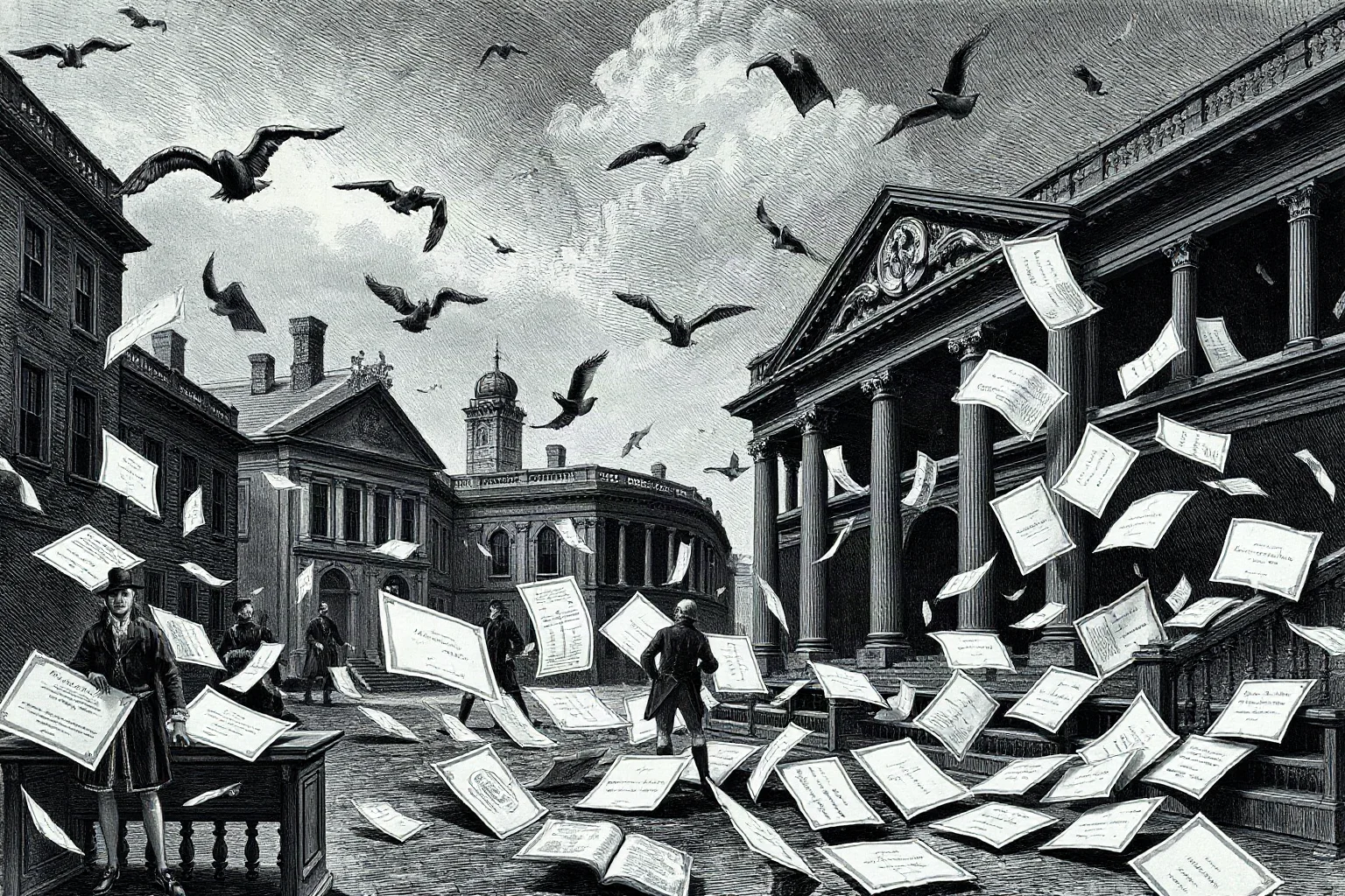 A stormy stock exchange scene with scattered paper certificates blowing in the wind, 18th-century London, illustration style