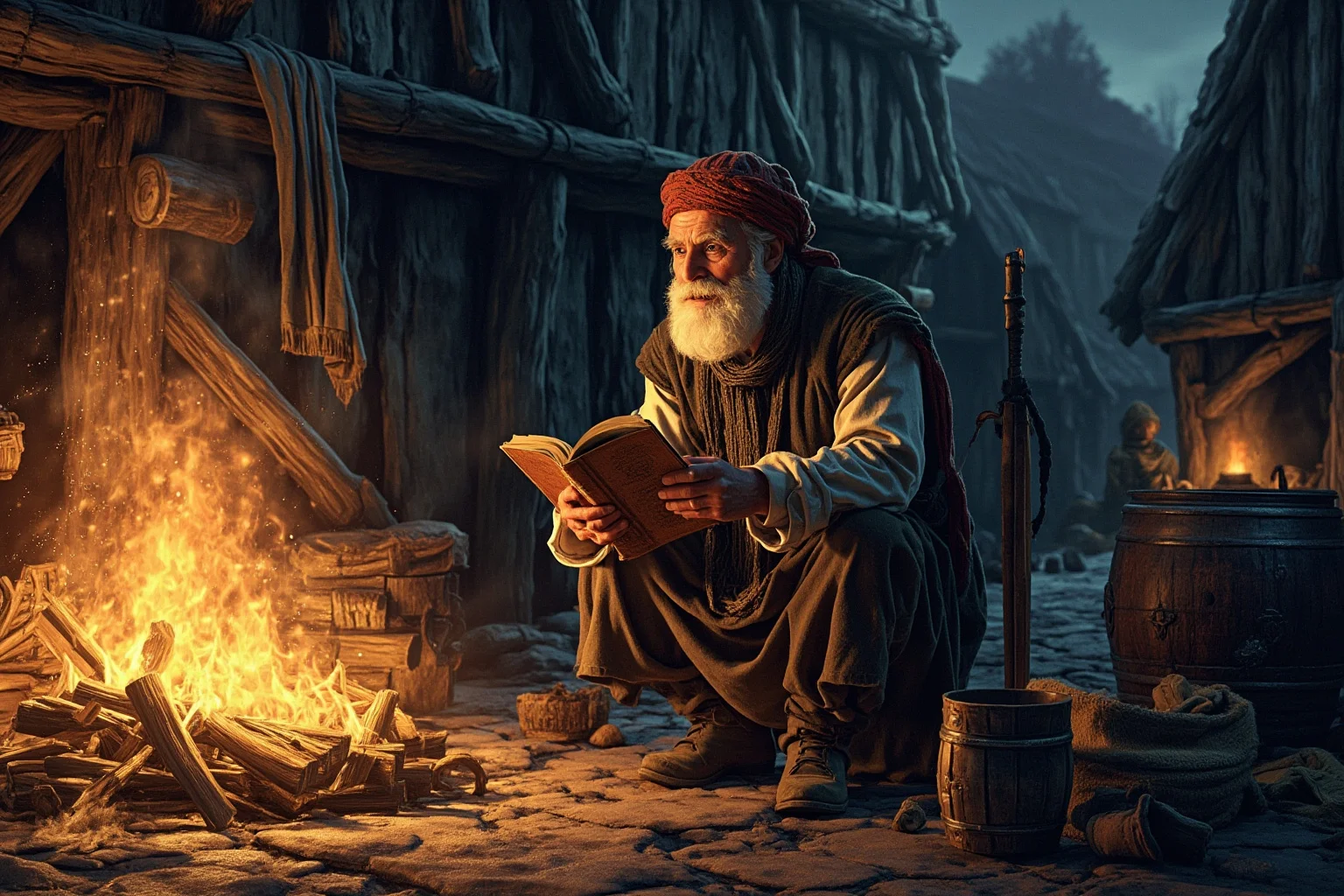The Strange History Of The Poison Apple 14 A storybook illustration of a medieval European village elder telling a folktale by firelight