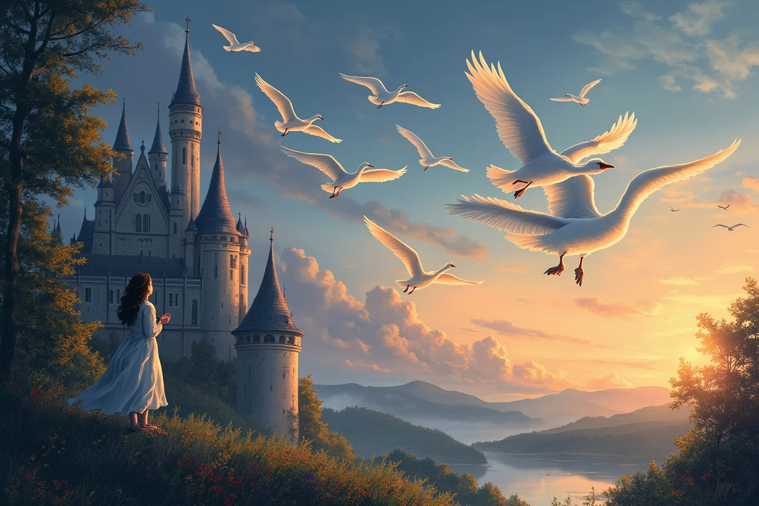 Grim Childhoods Indeed: The 20 Darkest Brothers Grimm Fairy Tales 10 A storybook illustration of six white swans flying over a castle at dusk with a silent young woman watching from below