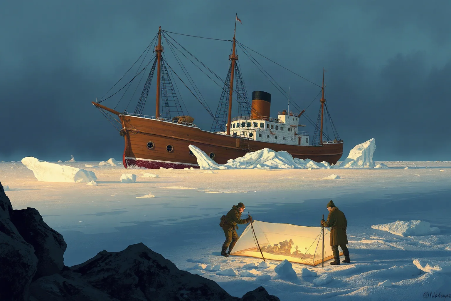A stranded ship crushed by pack ice with a small crew camped nearby on the frozen sea, illustrated historical style