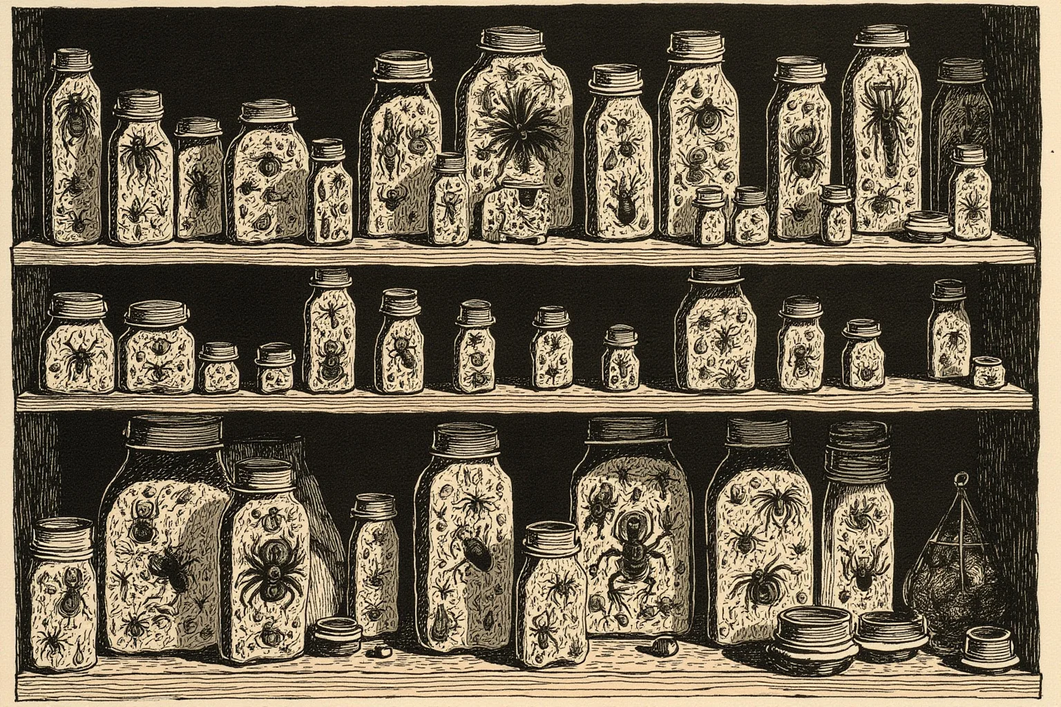 Familiars: The Long, Strange History of the Witch's Animal Companion 11 A strange assortment of small creatures and insects in jars on a wooden shelf, old apothecary style illustration