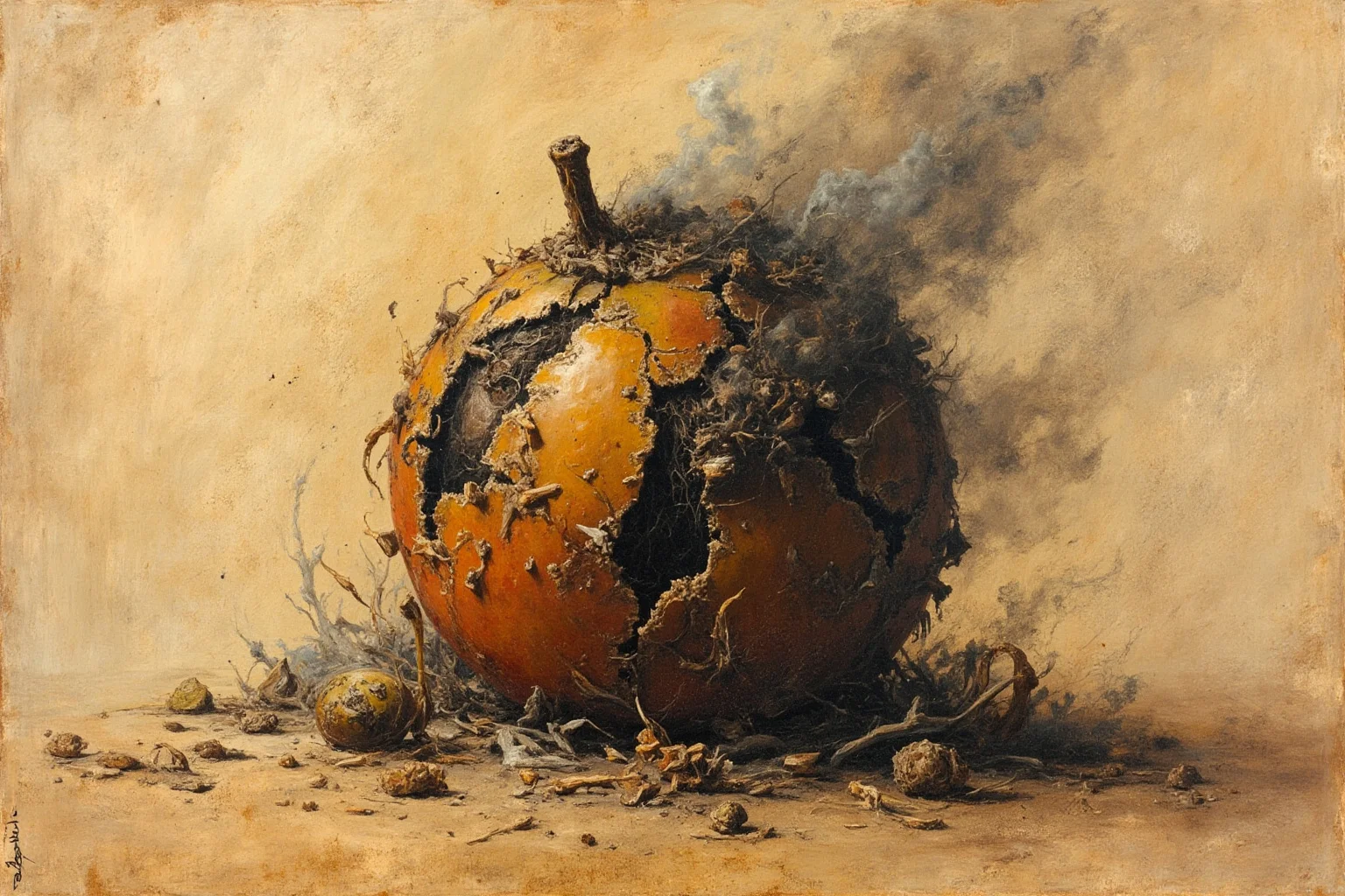 The Strange History Of The Poison Apple 8 A strange desert fruit that appears to be crumbling into ash and smoke, painted in an ancient manuscript style
