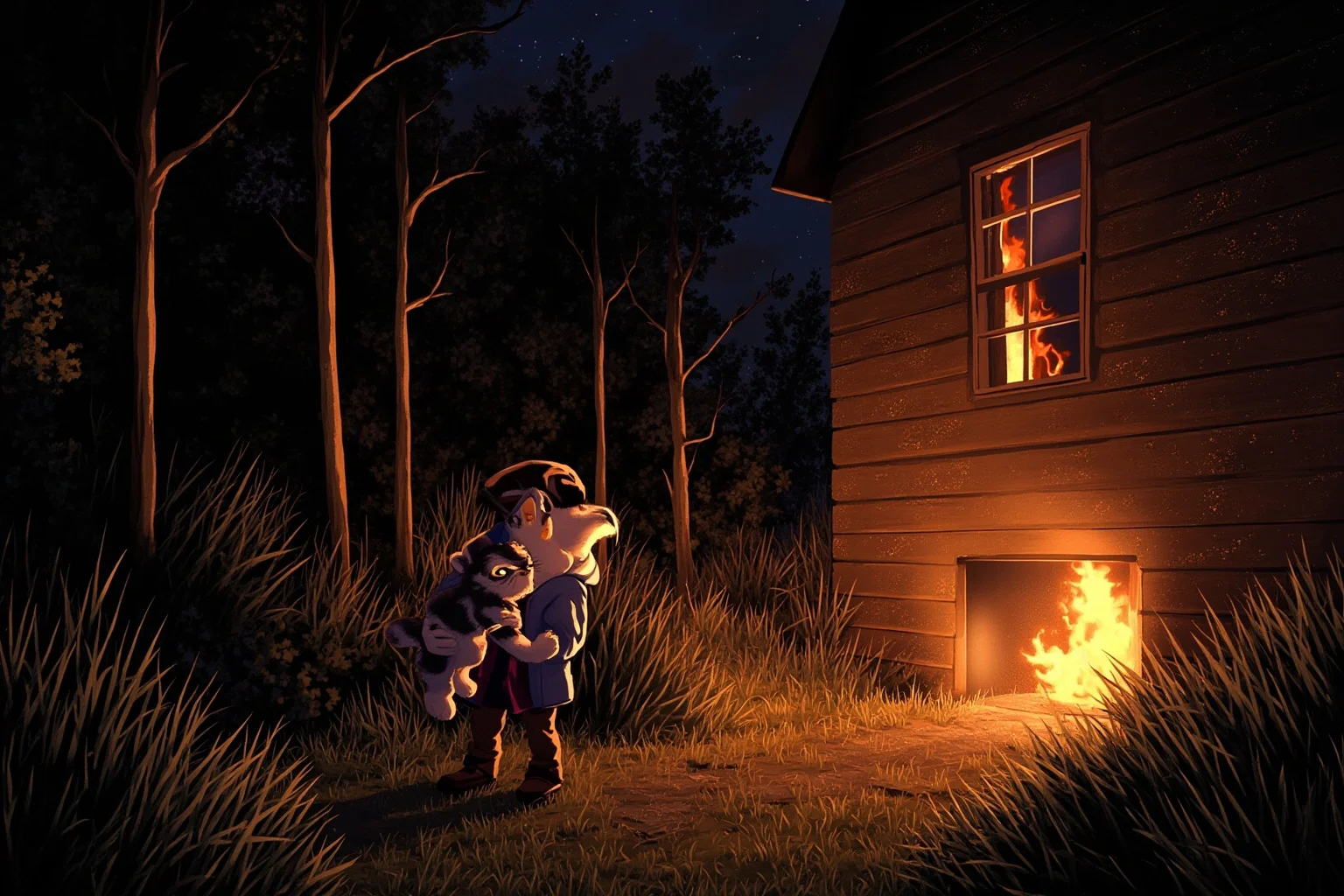 22 Animal Heroes Who Changed Human History 18 A stray cat carrying a kitten by the scruff away from a burning building at night, illustrative style