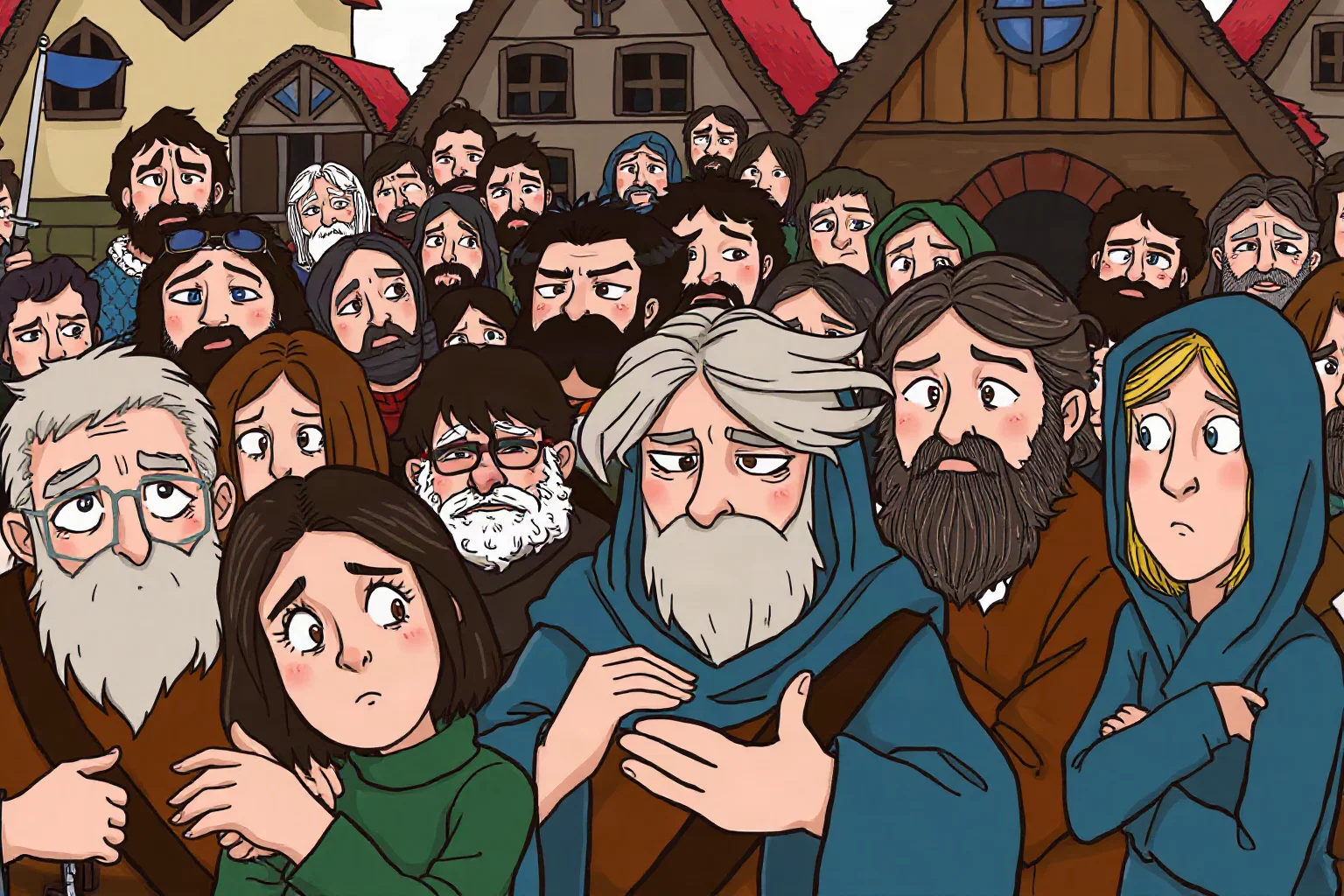 A stressed crowd of illustrated medieval townspeople with anxious expressions huddled together