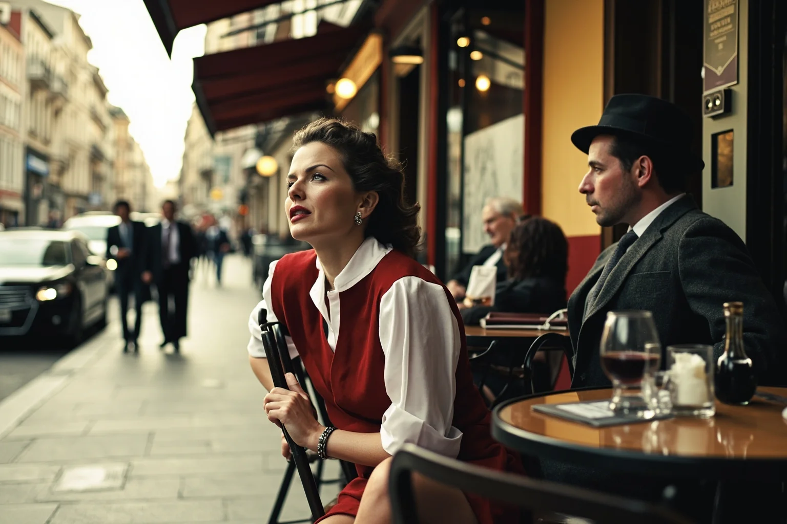 A stylish 1940s woman in a Spanish city café, quietly watching passersby, illustrated style