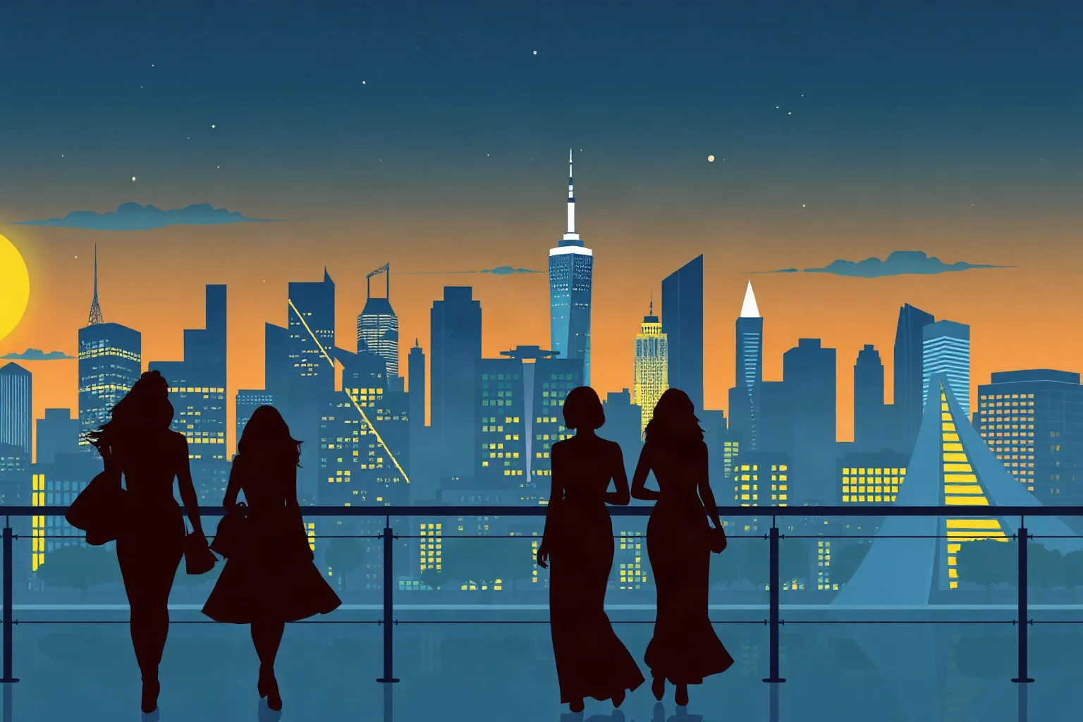 A stylish retro city skyline at night with four fashionable silhouetted women walking together, glamorous 1990s TV poster illustration style