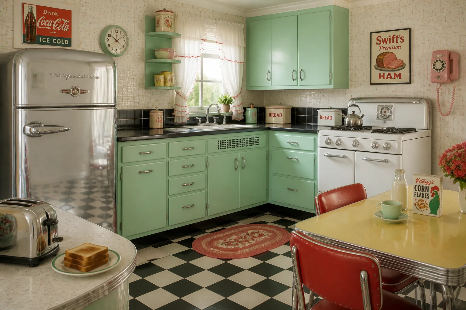 A stylized 1950s kitchen filled with era-appropriate appliances like a chrome refrigerator, toaster, and rotary phone