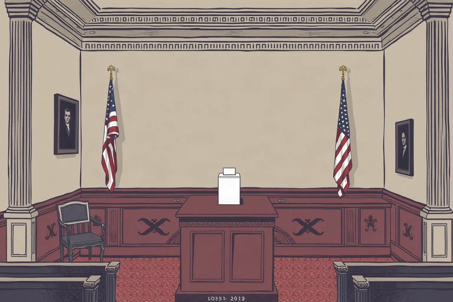 A stylized 19th-century American ballot box and courtroom-style chamber representing a contested early presidential election, muted historical color palette