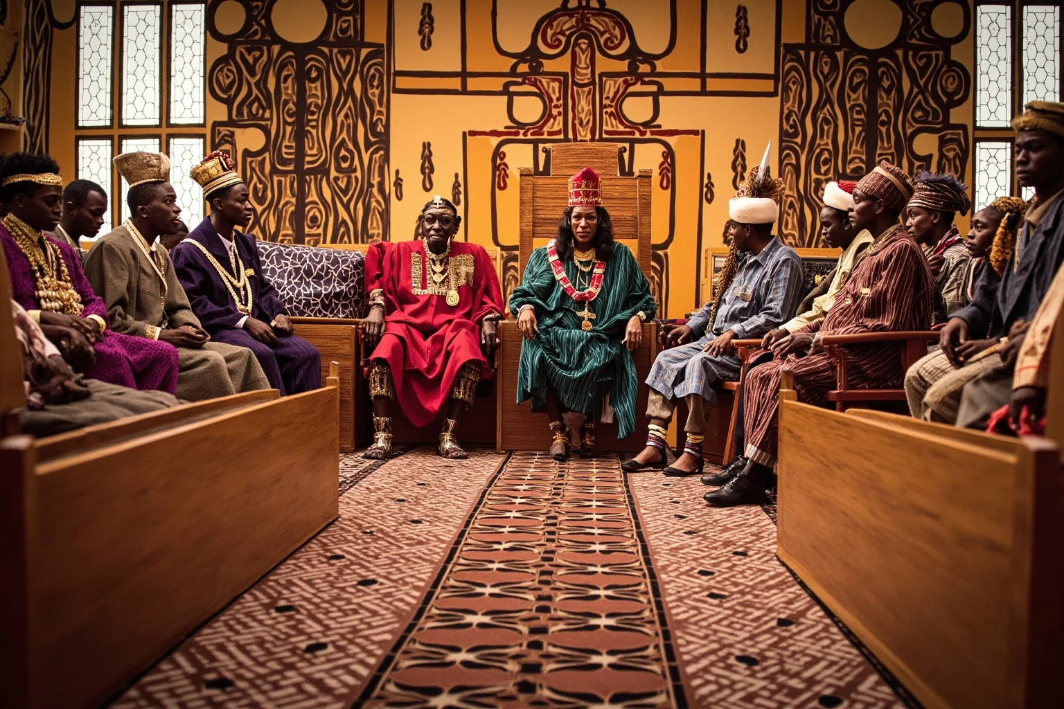 A stylized African royal court scene with ceremonial regalia and a throne, representing the Kingdom of Eswatini