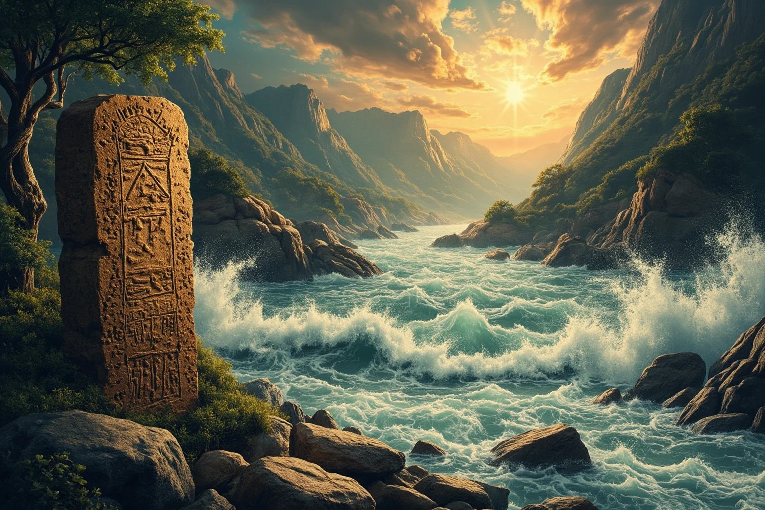 Myths That Defined Cultures: 20 Legends Born From True Events 6 A stylized ancient clay tablet illustration beside a stormy river overflowing its banks