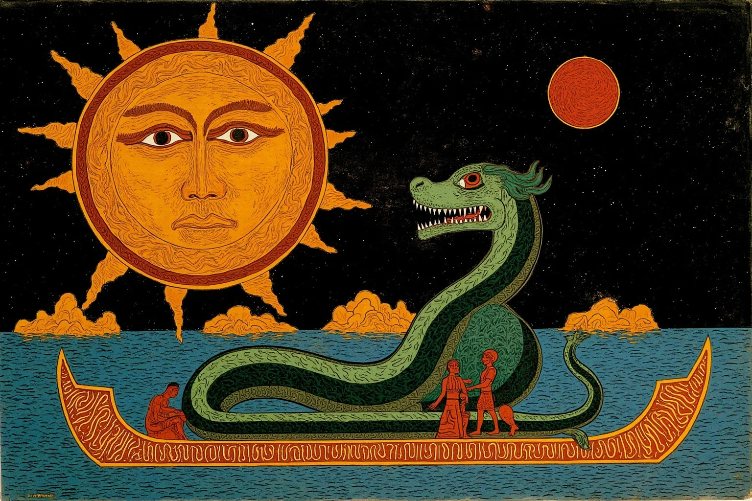 Famous Dragons Throughout History: Myths, Legends, and the Real Stories Behind Them 3 A stylized ancient Egyptian illustration of a giant serpent attacking a sun barge at night