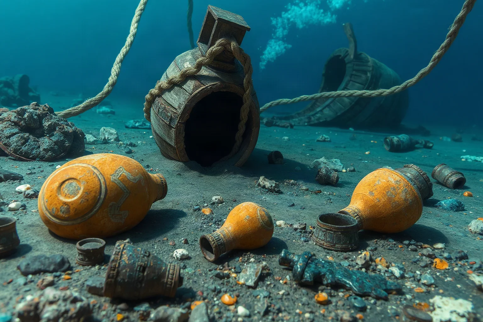 A stylized ancient Mediterranean shipwreck scene on the seafloor, with amphorae and corroded metal fragments scattered near a wooden hull