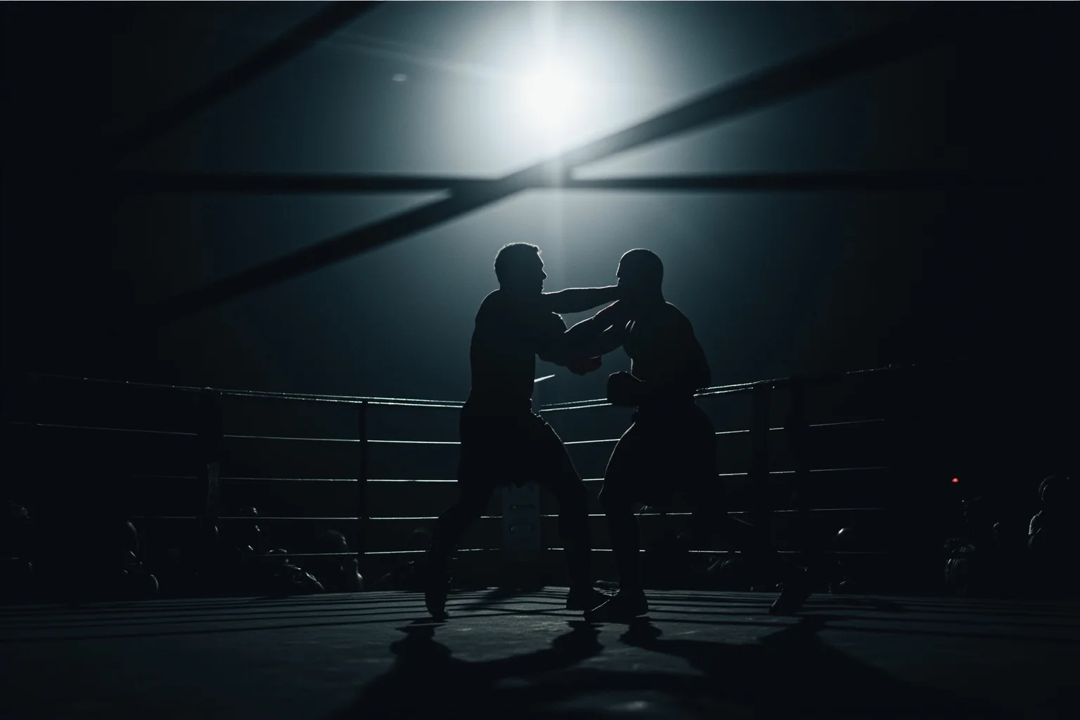 A stylized boxing ring under dramatic spotlight with two silhouetted fighters mid-bout, tension-filled crowd in the background