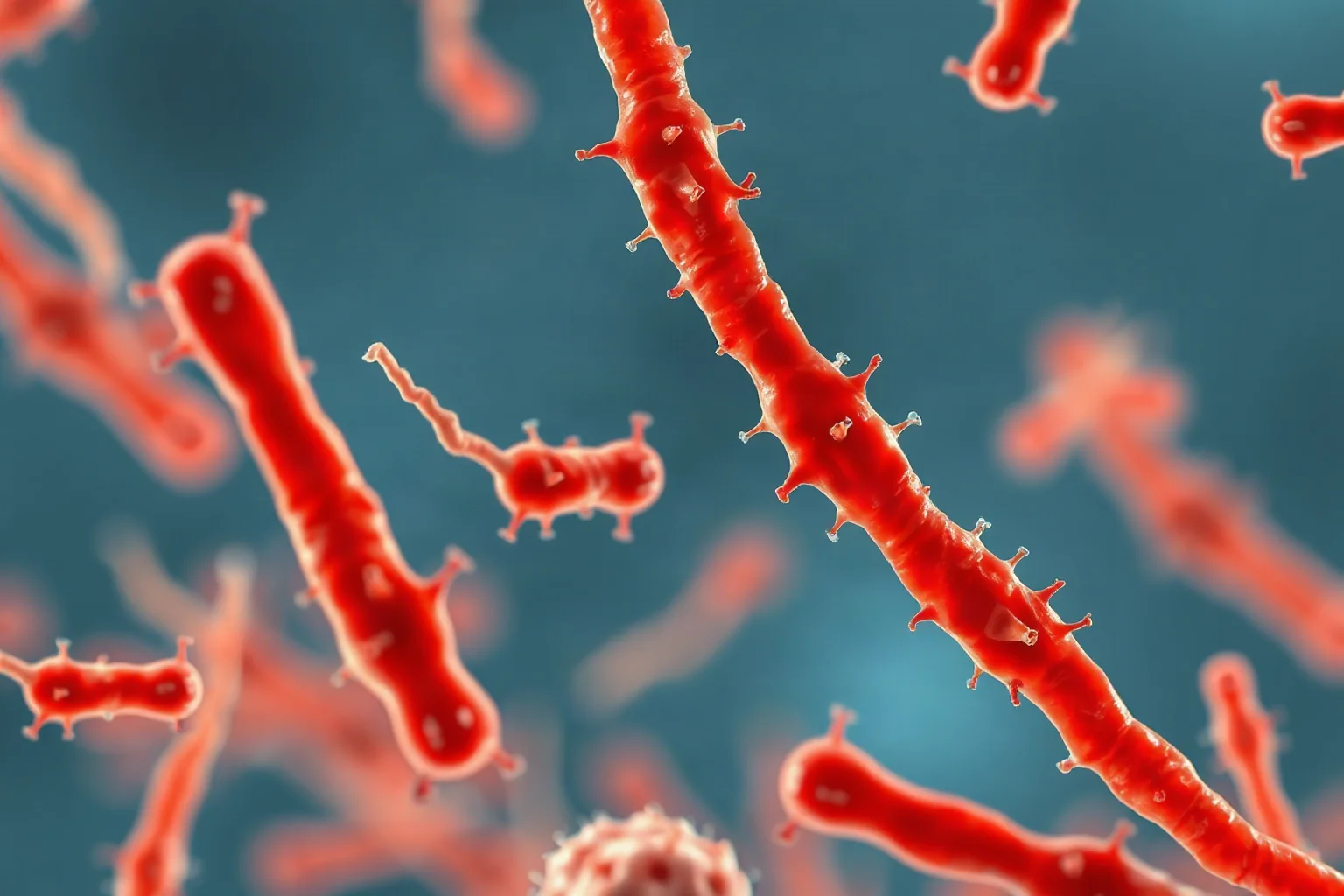A stylized close-up illustration of rod-shaped bacteria representing Yersinia pestis under a microscope, scientific illustration style