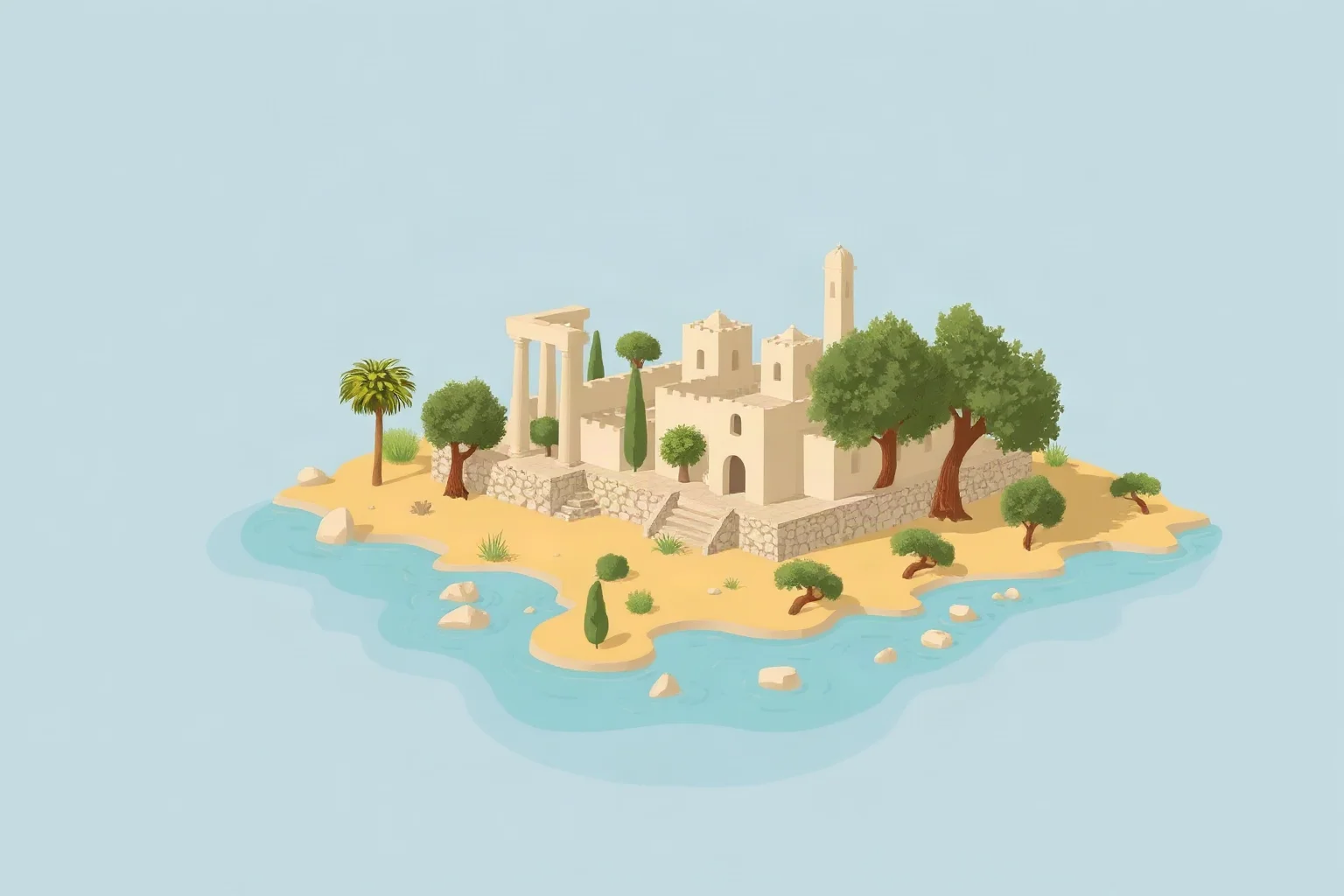 A stylized depiction of an ancient Mediterranean island coastline with olive trees and stone buildings, evoking the historical setting of Lesbos in archaic Greece
