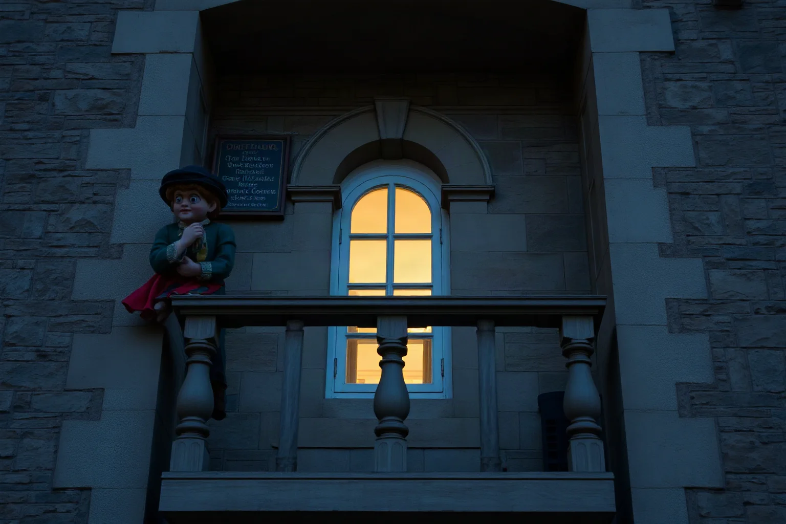 A stylized Elizabethan-era stone balcony at dusk with a single lit window, evocative of a Romeo and Juliet scene, no people shown