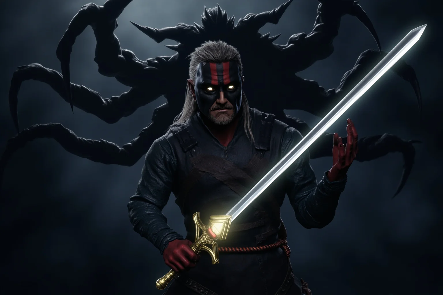 A stylized fantasy witcher-inspired swordsman holding a glowing silver blade before a monstrous shadow