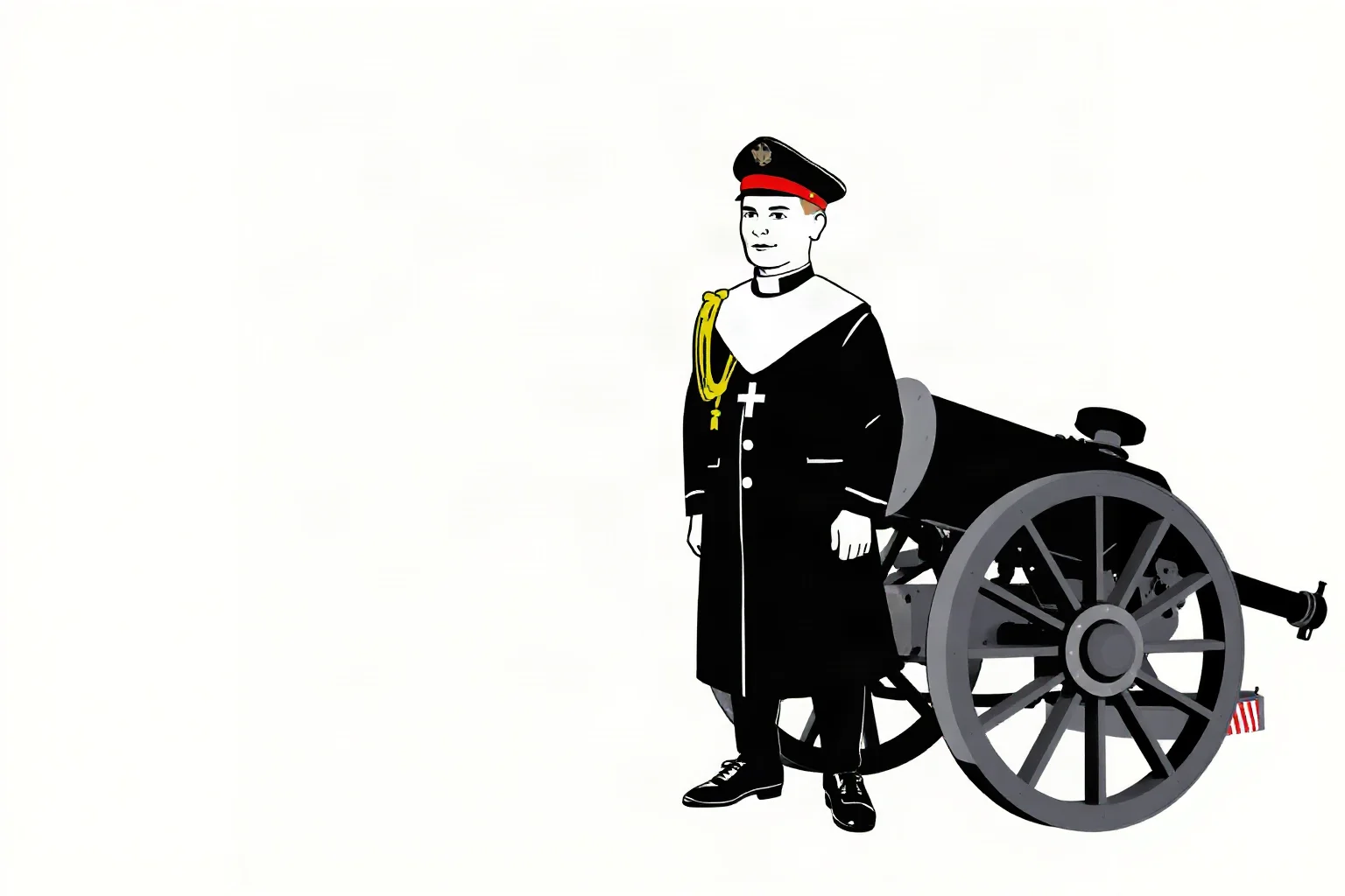 A stylized illustration of a 1940s military chaplain figure standing near a naval gun, symbolic and non-graphic