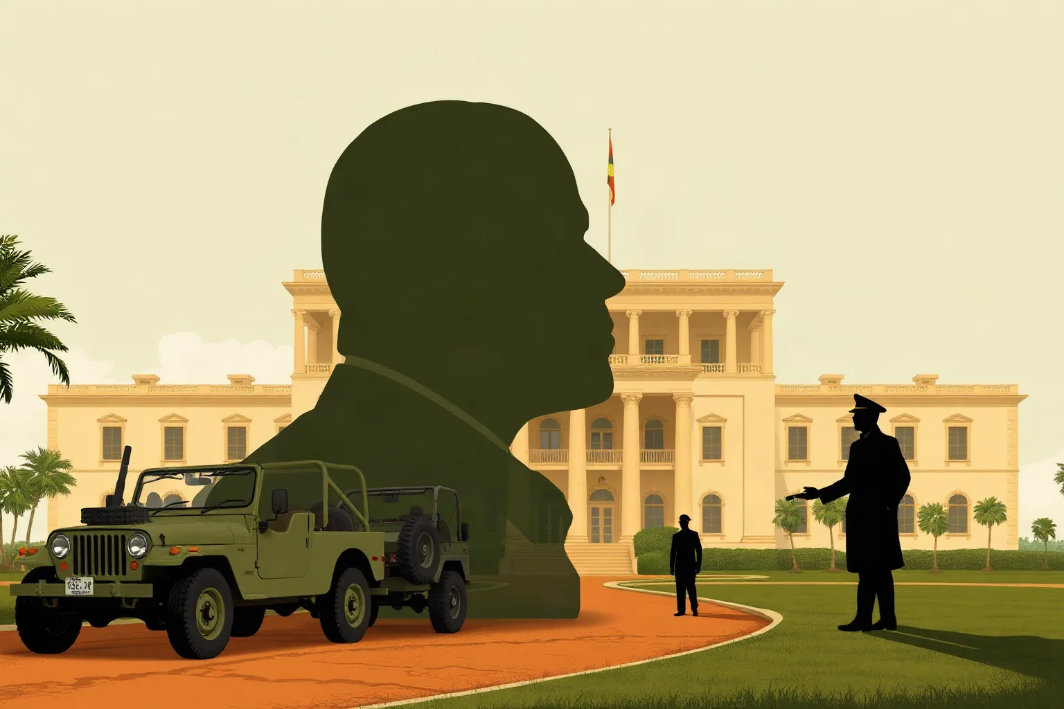 A stylized illustration of a 1970s African presidential palace with military jeeps and a stern uniformed silhouette