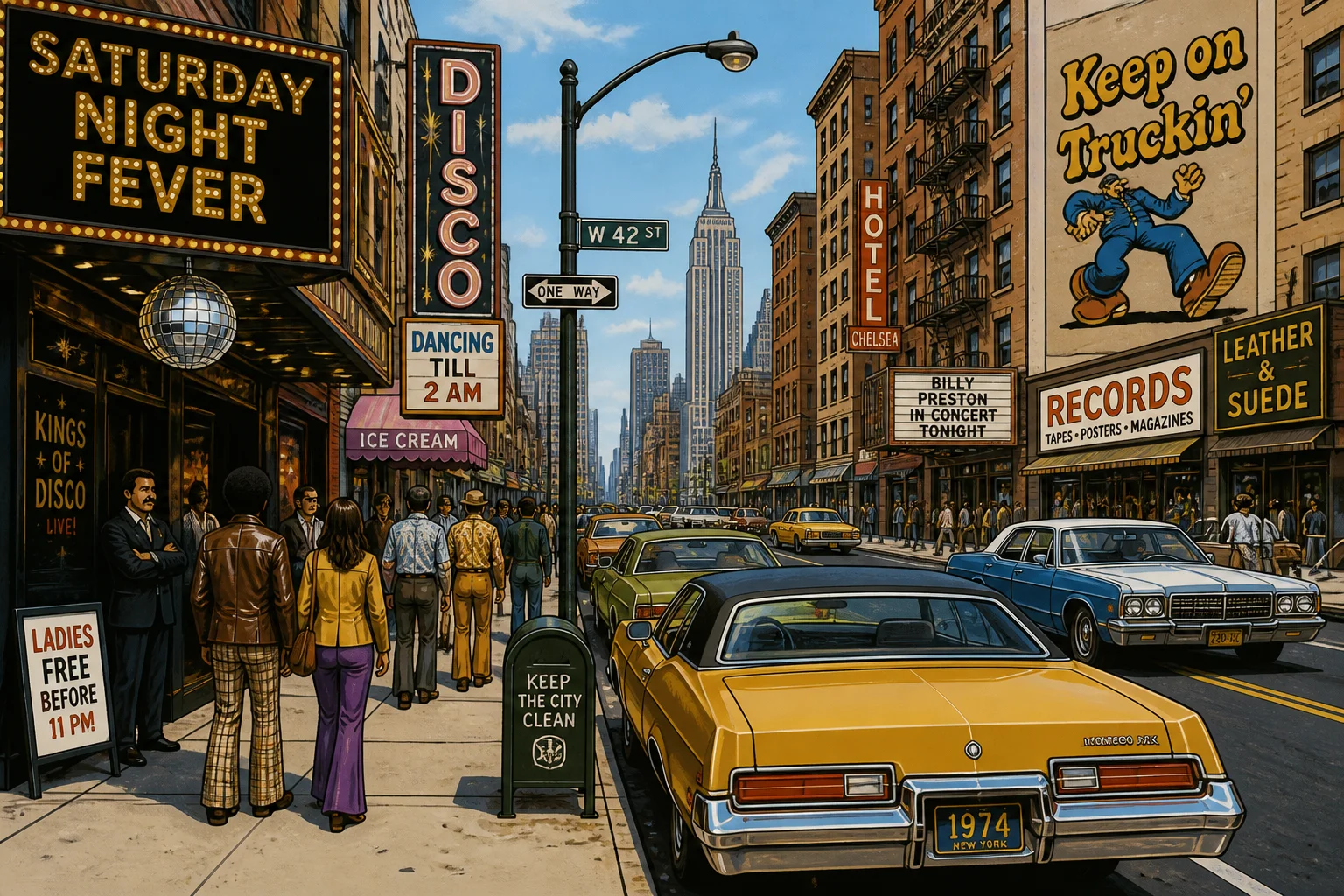 A stylized illustration of a 1970s city street with period cars, storefronts, and disco-era signage