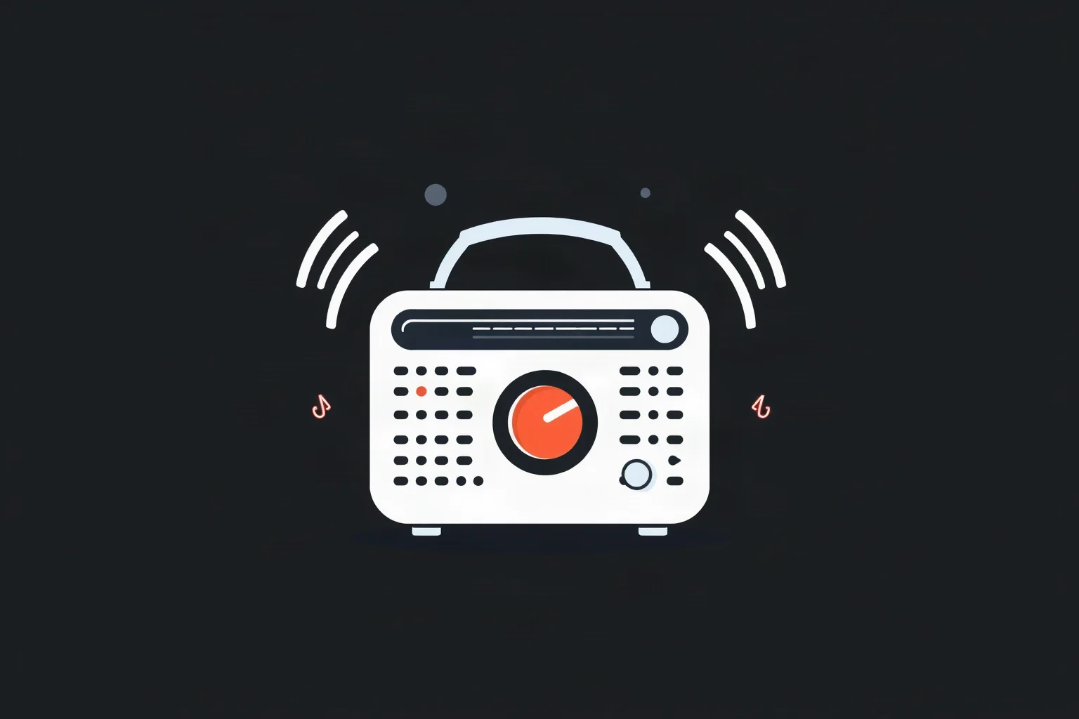 A stylized illustration of a buzzing radio speaker with sound waves, dark minimalist background